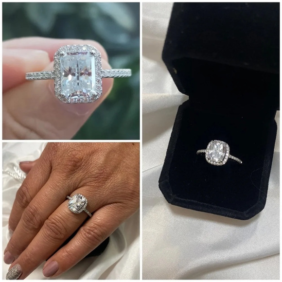 Silver  925  Crystal Cushion Cut Finger  Fancy Ring  Size 8 - Picture 1 of 6